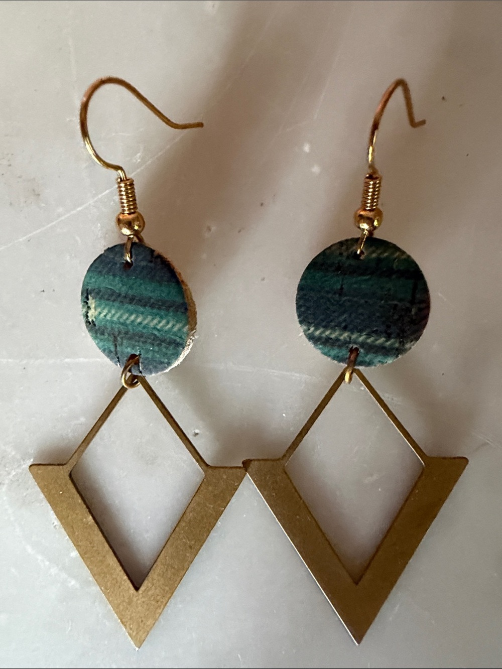 Stylish Gold Geometric Drop Earrings with Green Accents